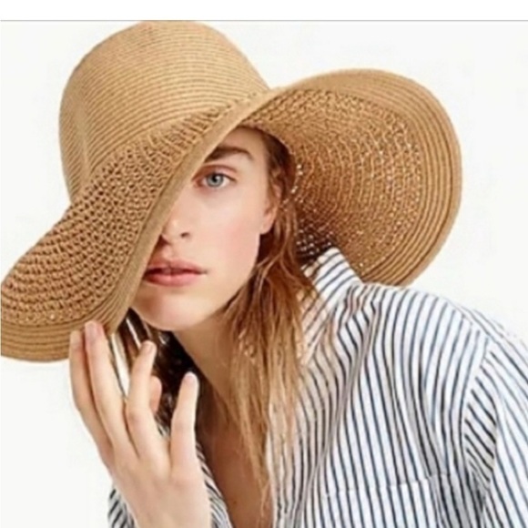 J. Crew Hat Tan Straw Wide Brim Floppy Textured Beach Summer Sun  One Size - Picture 4 of 14